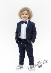 Спортно-елегантен комплект Тери за момче от 4 части в тъмносиньо -риза в бяло, сако с джобове, панталон с връзки и папийонка