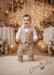 Бебешки спортно-елегантен комплект от боди-риза в бяло, панталон, елек и папийонка в бежово 