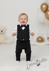 Бебешки спортно-елегантен комплект от панталон, елек и папийонка в кафяво на райе и боди-риза в бяло