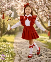 Комплект за момиче от 4 части- сукман от трико Гери в червено, риза в бяло с дълъг ръкав и къдрички, панделка в червено за ризаката и диадема