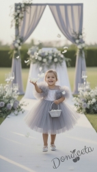 Официална детска рокля Блян с тюл, пайети в сребристо, помпони и панделка за коса