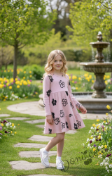 Рипсена детска рокля в розово с дълъг ръкав и цветчета 