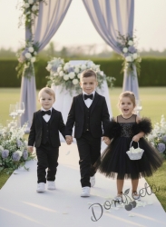 Елегантен официален костюм за момче от 5 части в черно със сако и елек