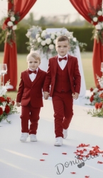 Официален стилен комплект за момче от 5 части в червено със сако, елек, панталон, риза и папийонка