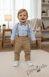 Бебешки официален  комплект от панталон в бежово, боди-ризка в синьо, тиранти и папийонка 