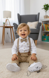 Бебешки официален  комплект от панталон в бежово, боди-ризка в бяло, тиранти и папийонка 