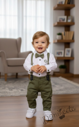 Бебешки официален  комплект от панталон в зелено, боди-ризка в бяло, тиранти и папийонка 