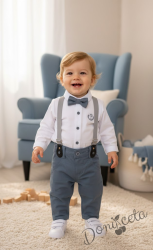 Бебешки официален  комплект от панталон в сиво, боди-ризка в бяло, тиранти и папийонка 