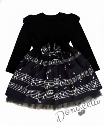 Детска рокля с дълъг ръкав в черно с къдрички на ръкавите и ноти и тюл в долната част