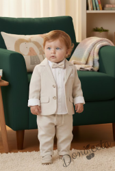 Бебешки комплект от 4 части за момче-сако в бежово, боди-риза в бяло и панталон в бежово с папийонка