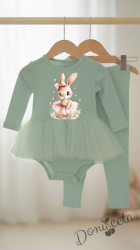 Бебешки комплект рипс от 2 части- боди в тюркоаз с тюл и картинка зайче и панталонки в тюркоаз