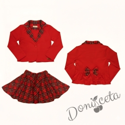 Детски комплект Карена за момиче от пола от трико клош Роси в каре и сако в червено с каре 