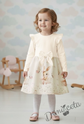Детска рокля с дълъг ръкав в екрю с къдрички, панделка и изображение на зайче-балерина