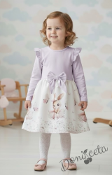 Детска рокля с дълъг ръкав в лилаво с къдрички, панделка и изображение на зайче-балерина