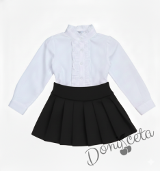 Комплект за момиче от 2 части-пола Гери в черно и риза с дълъг ръкав в бяло с къдрички 