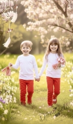 Комплект от детска блузка в бяло и панталон в червено за момче или момиче