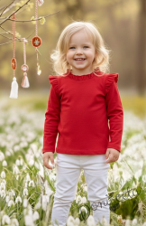 Комплект от детска блузка в червено с къдрички на раменете и бието и панталон в бяло за момиче