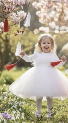  Официална детска рокля с дълъг ръкав с пера и тюл Анелия от колекция Снежина