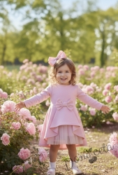 Официална или ежедневна детска рокля Надежда с дълъг ръкав в розово с тюл