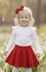 Комплект за момиче от 2 части-пола клош от трико Роси в червено и блуза с дълъг ръкав с къдрички в бяло 