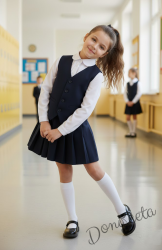 Комплект от 3 части пола плисе и елече в тъмносиньо и бяла изчистена риза, подходящ и за ученическа униформа