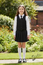 Комплект от 4 части плисирана пола над коляното с елече и вратовръзка в черно и риза в бяло, подходящ и за ученическа униформа