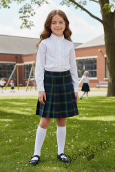 Комплект от 2 части с бяла изчистена риза и карирана плисирана пола до коляното, подходящ и за ученическа униформа