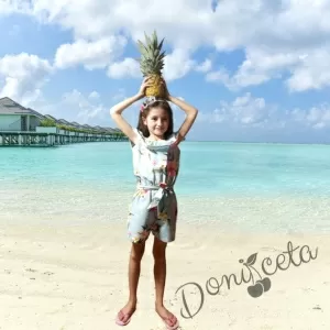 Летен къс гащеризон за момиче в мента/тюркоаз с фламинго и цветя