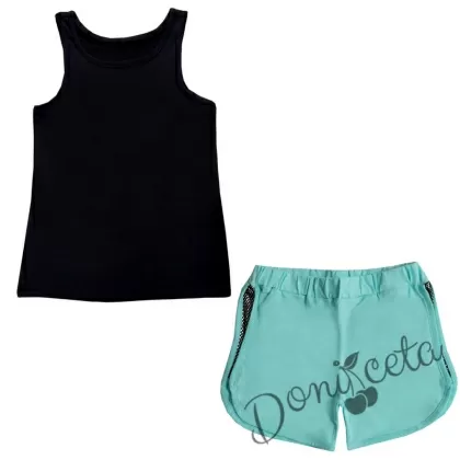Детски комплект от потник в черно и къси панталонки в тюркоаз/мента
