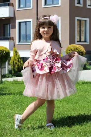Комплект от детска рокля и болеро Надежда на цветя с тюл в пепел от рози