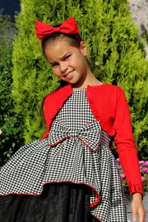 Официална детска рокля пепит с тюл в черно и болеро в червено