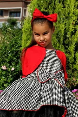Официална детска рокля пепит с тюл в черно и болеро в червено