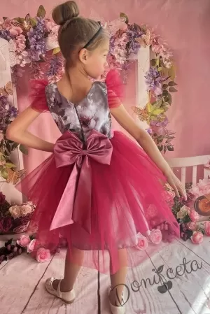 Официална детска рокля в сиво на цветя с къс ръкав и тюл в циклама 288СВБВТ