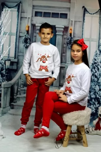 Ватиран коледен комплект в бяло и червено с еленче и клин с ръб 8835246