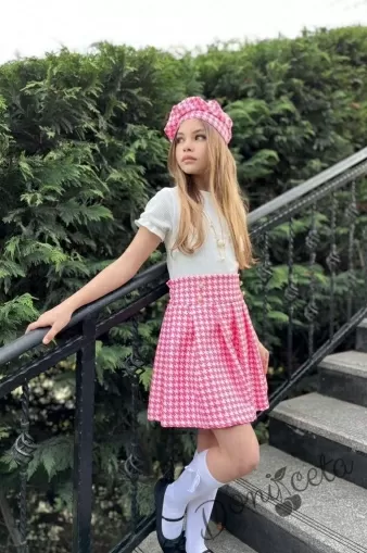 Детски комплект от 4 части - блуза в екрю, пола и шапка пепит в розово и бяло и декоративен гердан 1