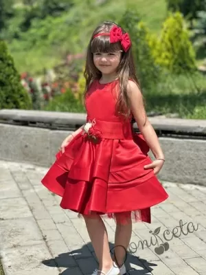 Официална детска рокля в червено от богат тюл и сатен без ръкав с пола на пластове, сатенен широк колан Ориана12