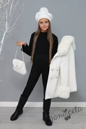 Комплект от 5 части - палто, шапка и чанта в екрю и клин и блуза с дълъг ръкав в черно 4