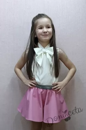 Комплект Тея от пола-панталон и блуза с панелка в розово 2