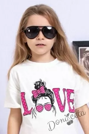 Комплек от тениска и панталон в циклама с надпис LOVE 2
