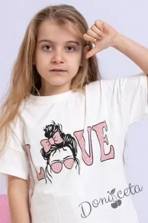 Комплек от тениска и панталон в пепел от рози с надпис LOVE 2