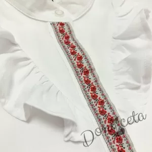 Детска риза с дълъг ръкав в бяло с къдрици с фолклорни/етно мотиви 2