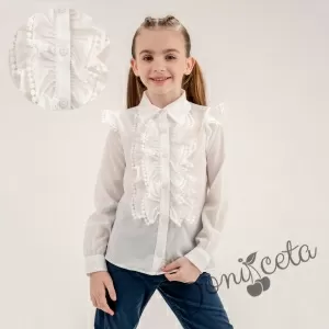 Детска риза в бяло за момиче с яка и къдрици