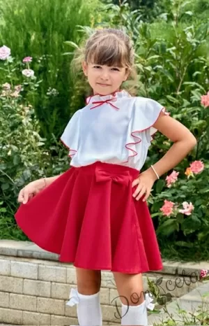 Комплект от детска пола клош за момиче в червено Ева и блузка с къдрички14
