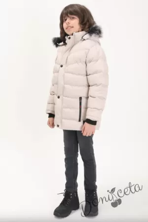 Зимно детско яке за момче в бежово с качулка 2