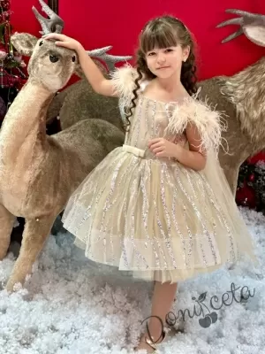 Празнична детска рокля с тюл в златисто с блясък Аксения с паделка за коса2