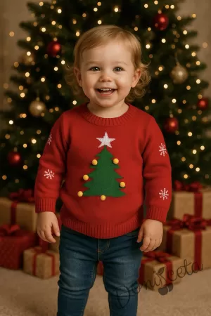 Детски коледен пуловер в червено с елхичка в зелено