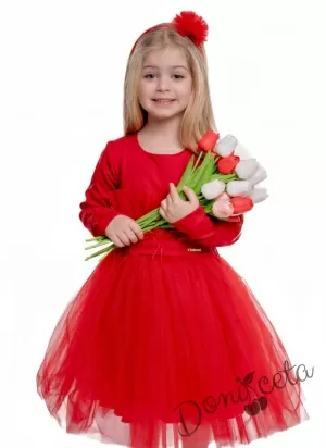 Детска официална рокля с дълъг ръкав в червено с пера и тюл Анелия2