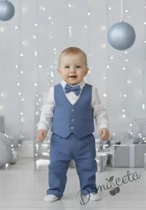 Бебешки официален комплект за момче от 4 части - риза в бяло, панталон, елек и папийонка в синьо