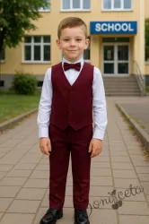 Стилен официален комплект в бордо за момче от 4 части елек, риза в бяло, панталон и папийонка 