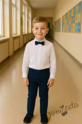 Детски официален комплект от риза в бяло с джоб, панталон в тъмносиньо и папийонка  от колекция Тъмносиняда